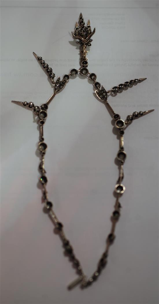 A 19th century French 18ct white gold and diamond drop pendant necklace, 15in.